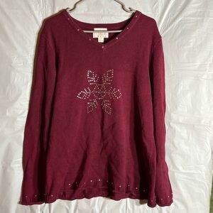 Vtg C.J. Banks Hand Embroidered Sweater Women’s X (1X) Maroon Crochet Hem Jewels